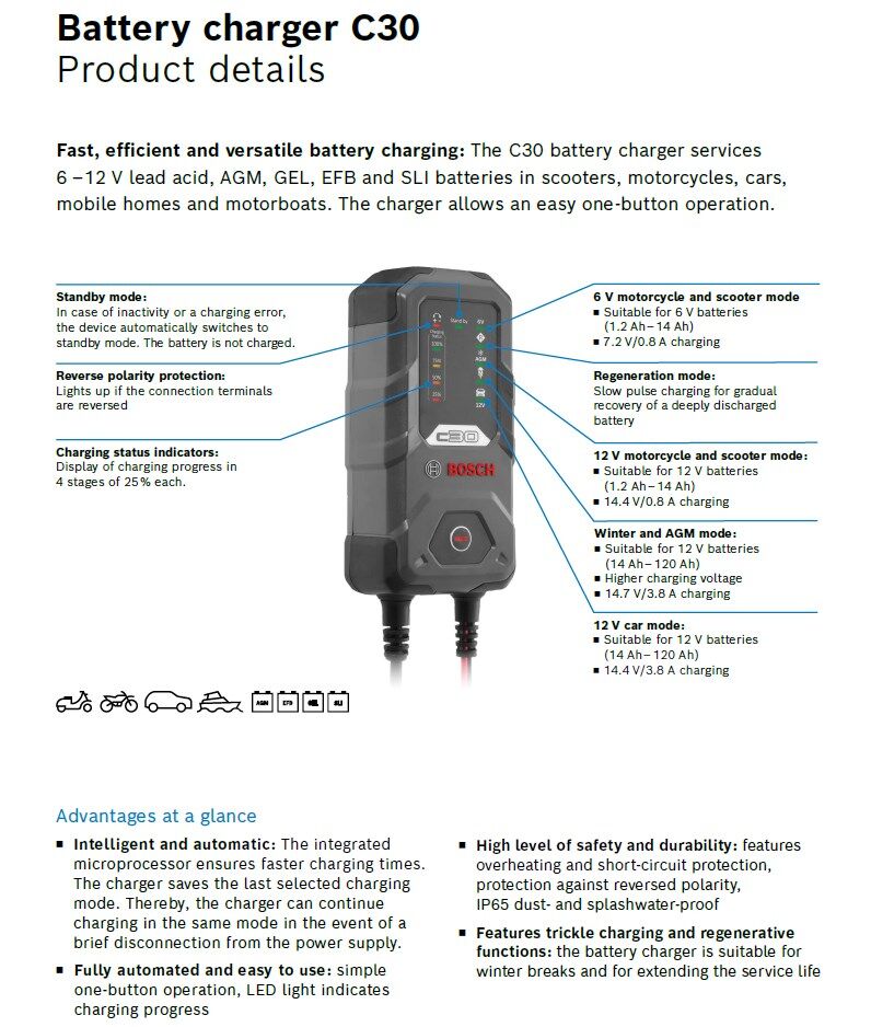 Bosch Battery Charger C30, 6 & 12V