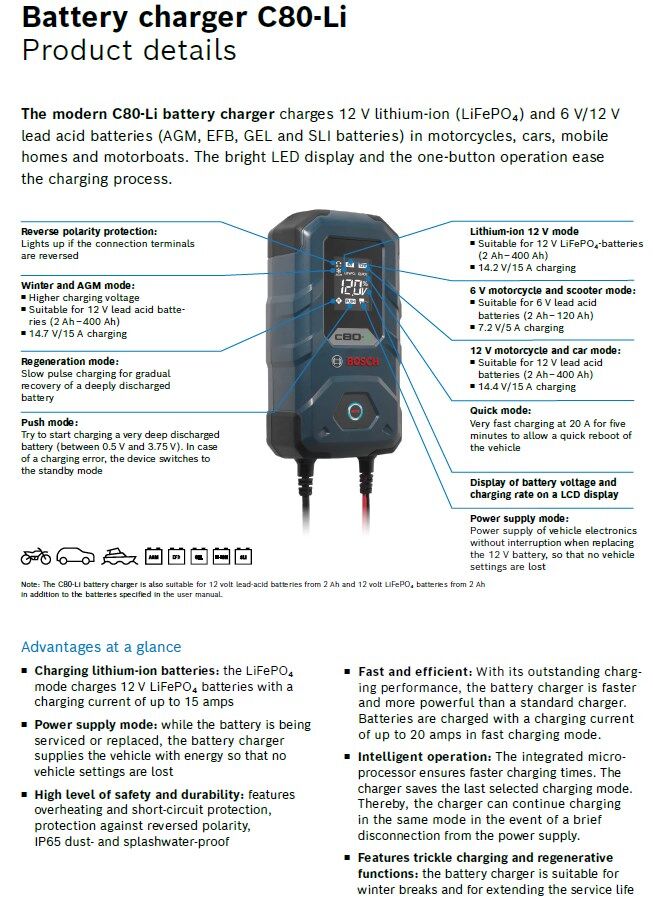 Bosch Battery Charger C80-Li, 6 & 12V
