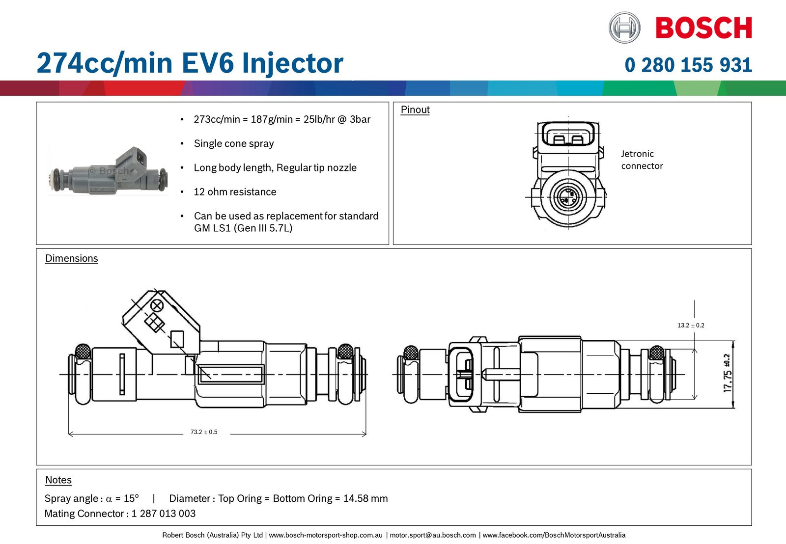 Bosch 274cc/min EV6 Injector