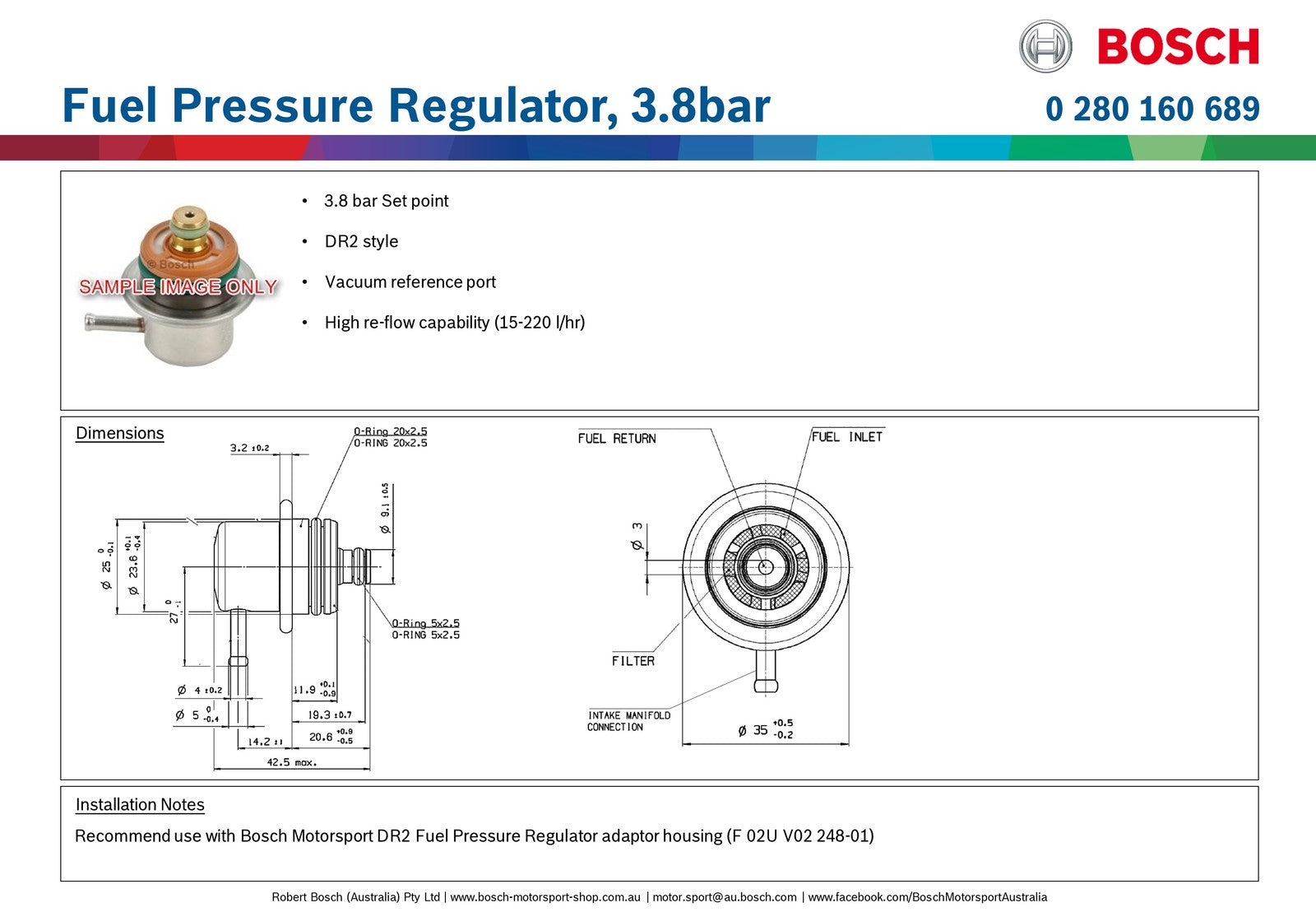 Bosch Fuel Pressure Regulator, 3.8bar