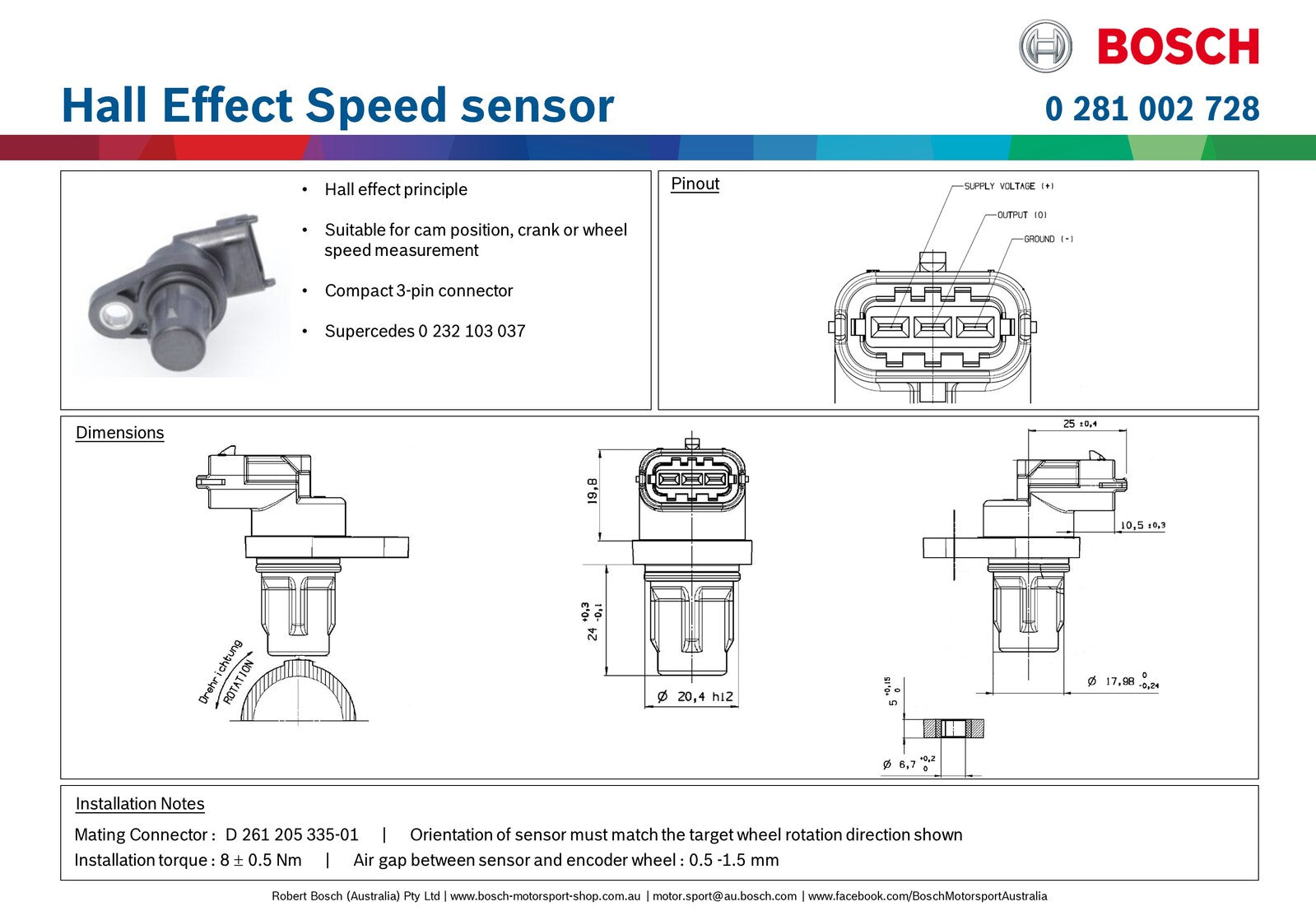 Bosch Hall Effect Speed sensor
