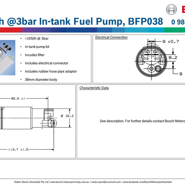 Bosch >105l/h @3bar In-tank Fuel Pump, BFP038
