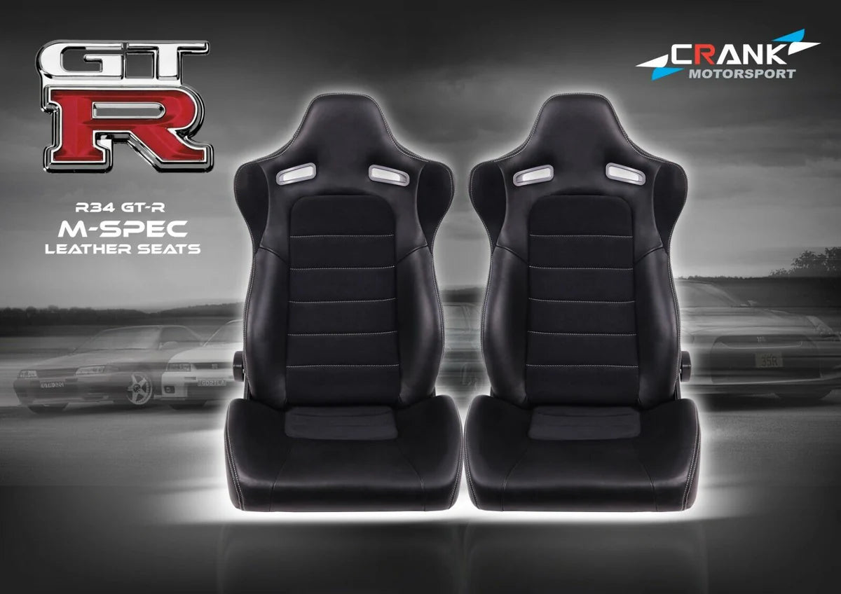 2x Crank Motorsport Nissan Skyline R34 GTR Mspec Leather Style Seats – ADR Approved