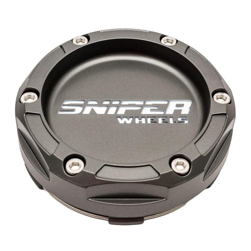 Sniper Wheels Matt Gun Metallic Centre Cap White Lettering