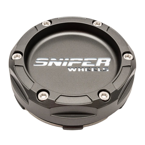 Sniper Wheels Matt Gun Metallic Centre Cap White Lettering