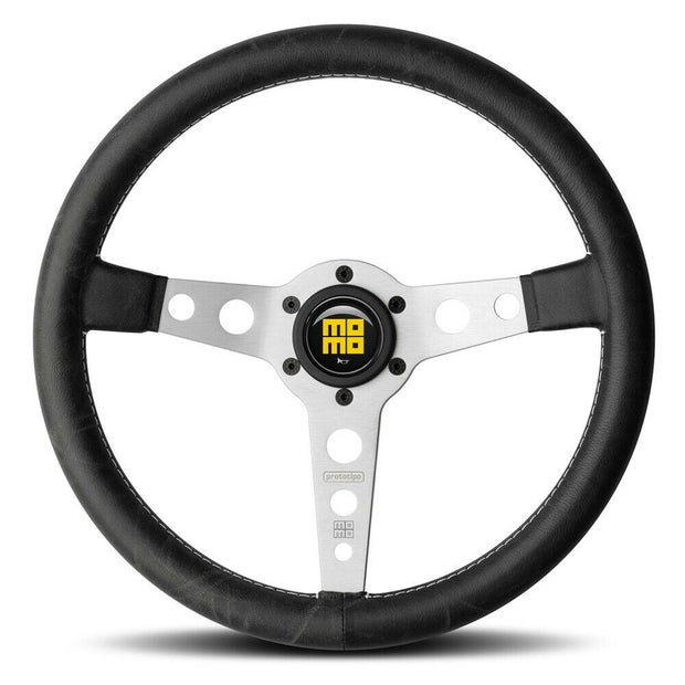 MOMO Heritage Prototipo Silver Spokes Black Leather 350mm Steering Wheel