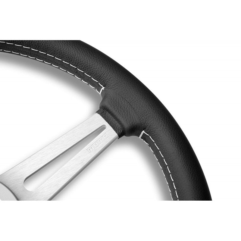 MOMO Retro Silver Spokes Black Leather 360mm Steering Wheel