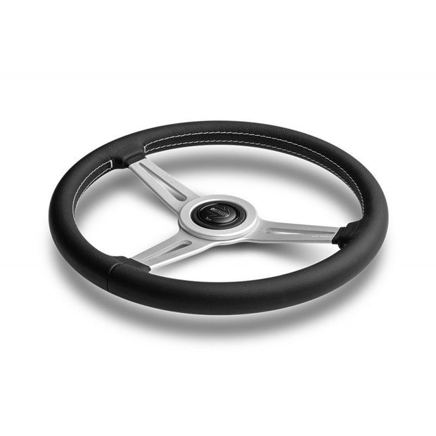 MOMO Retro Silver Spokes Black Leather 360mm Steering Wheel