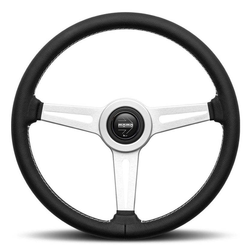 MOMO Retro Silver Spokes Black Leather 360mm Steering Wheel