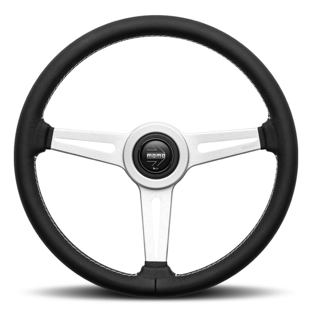 MOMO Retro Silver Spokes Black Leather 360mm Steering Wheel