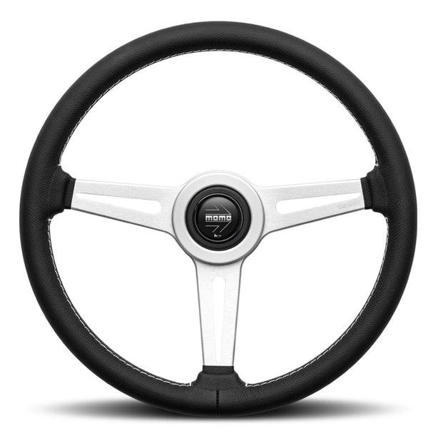 MOMO Retro Silver Spokes Black Leather 360mm Steering Wheel