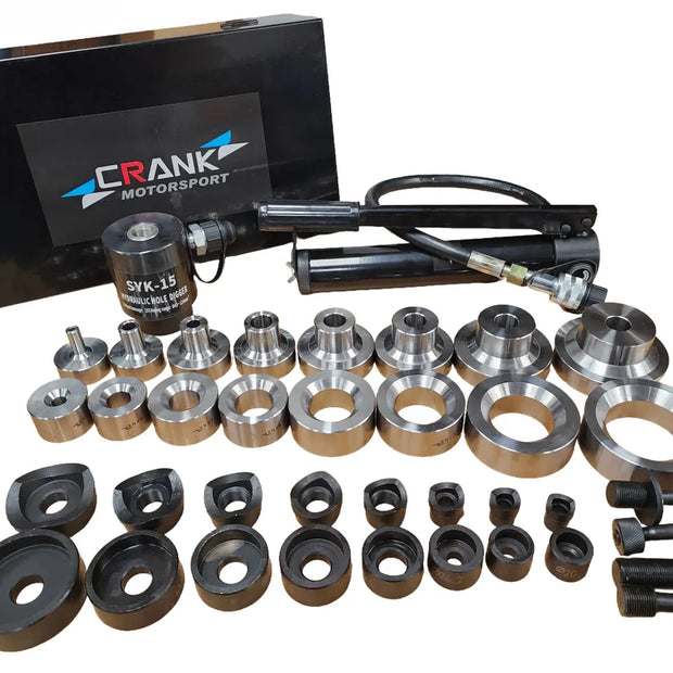 Crank Motorsport 36 Pcs Dimple Die + Hydraulic Hole Punch Set – 16–63 mm Cut, 1/2–2.5 in TAPER