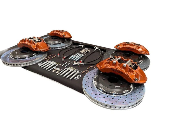 R35 GTR Brake Adapter Kit (V4) to Suit Skyline R32, R33, R34 – Cross Drilled Rotors
