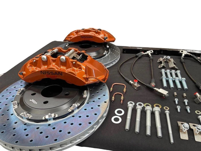 R35 GTR Brake Adapter Kit (V4) to Suit Skyline R32, R33, R34 – Cross Drilled Rotors